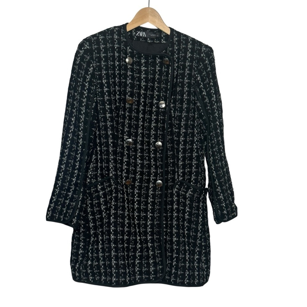 Zara Womens Tweed Woven Button Down Coat Black White SZ. M - Picture 2 of 6